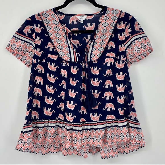 CROWN & IVY Navy & Pink Elephant Top Size PM - Picture 1 of 6